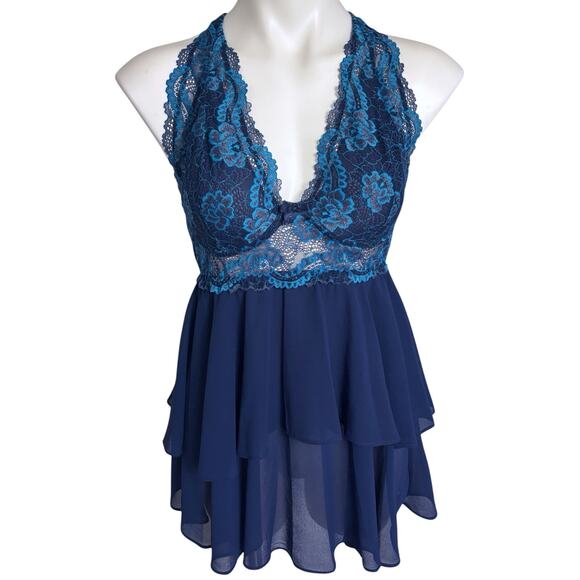 Early 2000s Fairy Coquette Blue Lace Babydoll Slip Dress Layered Chiffon - Picture 14 of 16